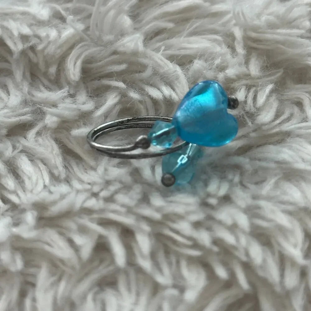 Silver Blue Beaded Ring Fashion Jewelry Iridescent Artisan Made